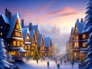 Christmas Village Scene Distant City Skyscrapers Snow Tree Painting Poster Print - Picture 1 of 2