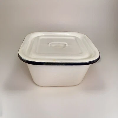 Vintage White & Navy Square  Enamelware Refrigerator Storage Box w/Lid 6" x 6" - Image 1 of 4