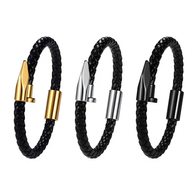 Men's Women's Braided Genuine Leather Rope Bracelet Nail Decor Magnetic Bangle - Image 1 of 3