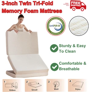 3-Inch Twin Tri-Fold Memory Foam Mattress, Portable Foldable Guest Bed W/ Cover - Picture 1 of 8
