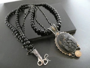 Mars & Valentine HUGE Woman Cameo & Bird Black Onyx Sterling 925 NECKLACE 30" - Picture 1 of 12