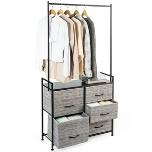 Comò in tessuto 5 cassetti con appendiabiti struttura in metallo e piano in legno organizer portaoggetti - Foto 1 di 6