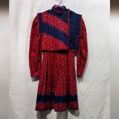 Conjunto Chaleco Vestido Vintage Gunne Sax Pradera Niñas 8 Rojo Azul Floral Cottagecore Años 70 Foto 1 de 4