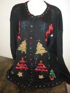 Ladies Black Cardigan, Ugly Xmas Sweater, Bright Trees BLING, 1X ? VTG 90s - Picture 1 of 1