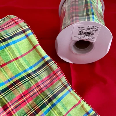 Cinta con cable a cuadros verde cítrico Navidad 4" de ancho x 10 yardas Foto 1 de 4