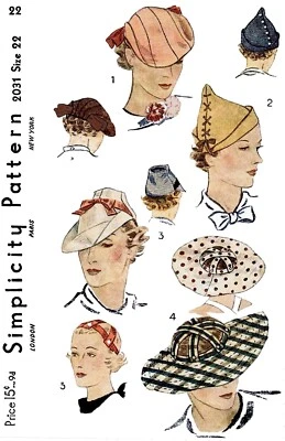 Simplicity 2031 Pattern 4 Style HATS 1940's UN-PRINTED 22" - Image 1 of 4