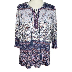 Lucky Brand Peasant Top 1X Pullover 3/4 Sleeve Lace Up Tassels Blue Floral - Picture 1 of 5