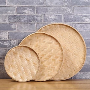 HANDMADE NEW 4 TRADITIONAL NATURAL BAMBOO RATTAN ROUND SERVING TRAYS - Picture 1 of 14