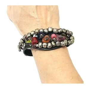 Bracciale Uno De 50 pietre preziose argento perline pelle marrone unisex uomo donna - Foto 1 di 6