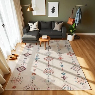Cream Geometric Lines Area Rug, Tribal Ethnic Accent Carpet, Bohemian Square Rug - Image 1 of 4