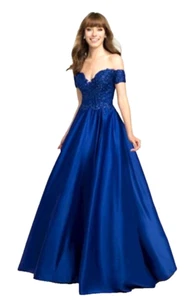 Vestido Formal Madison James Baile de graduación Concurso Talla 4 Azul Hombro Descubierto Satinado Encaje Corpiño - Imagen 1 de 8