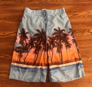 *EUC* Joe Boxer Boys Swim Trunks Board Shorts Size L 14/16 Blue Beach Palm trees - Picture 1 of 6