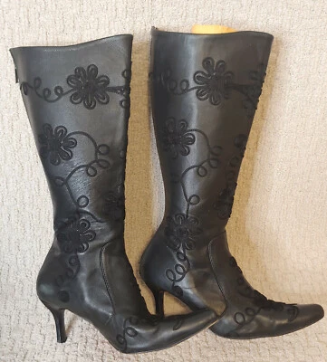 Zeyzani Black Leather Embroidered Boots 10 Mid-Calf Witchey - Image 1 of 4