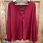 Nwt Torrid Women's 2X Texture Lace Up Drop Shoulder Wine Red Long Sleeve Blouse