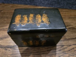 RARE Antique Owls Black Lacquer Cards Deck Box  - Picture 1 of 7
