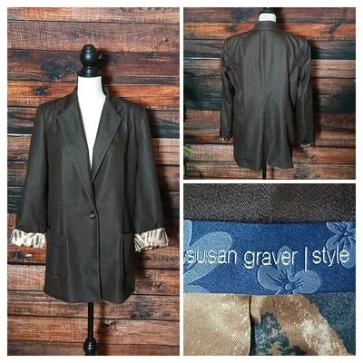 Susan Graver Style Blazer Size M Brown Boyfriend Jacket Animal Print Lined Boho - Image 1 of 4