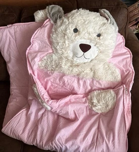 Pottery Barn Kids Shaggy Puppy Dog Pink Gingham Sleeping Bag 62x26" Fluffy Girl - Picture 1 of 7