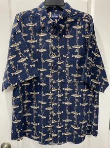 Puritan Men's Collared Button Up Shirt 2XL Navy Blue Fish Fishing Pole - Picture 1 of 4