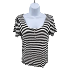 American Eagle schwarz weiß gestreiftes Top Damen L schmale Passform Kurzarm U-Ausschnitt - Bild 1 von 5