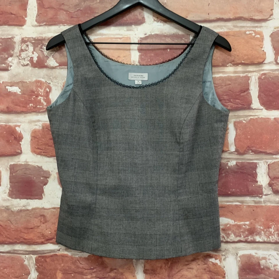 Blusa Tahari ASL Top Mujer 8 Negro Blanco A Cuadros Sin Mangas Encaje Cuello Ribete Foto 1 de 4