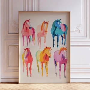 Colorful Pink and Blue Western Horse Wall Art Print - Picture 1 of 6