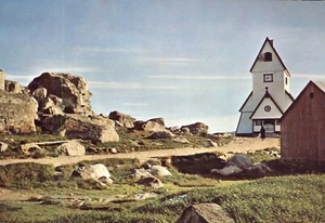 Church & Knud Rasmussen stone at Nanortalik Greenland 1966 Postcard - Picture 1 of 2