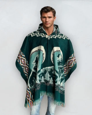 Poncho Alpaca com Capuz | Lã Macia e Confortável Design Navajo Lobos Uivantes - Imagem 1 de 4