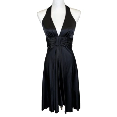 Trina Turk Black Silk Halter Cocktail Dress Size 2 USA Fit & Flare Ruched Waist - Image 1 of 4
