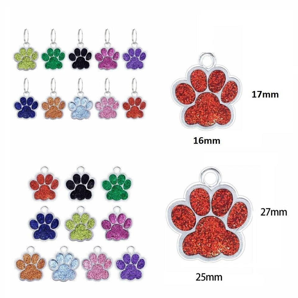 Personalised Engraved Small / Large Glitter Paw Dog Cat Tags Pet ID Tag - Image 1 of 1