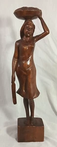 Hand Carved Wood Woman Carrying Basket On Head, MCM 24'' Philippines - Picture 1 of 8