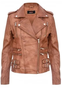 Ladies Retro 100% Nappa Real Leather Biker Jacket Tan Soft Multi Zip Short Coat - Picture 1 of 4