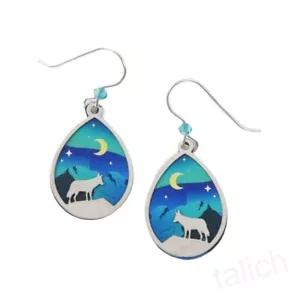 Sienna Sky Teardrop Earrings Shiny Silver Night Wolf in Mountain Unique Gift - Picture 1 of 4