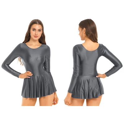 Women's One Piece Dress Leotard Swimwear Long Sleeve Glossy Swimsuit Dresses - Image 1 of 2