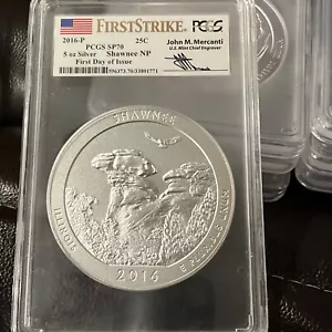2016-P SHAWNEE NP 5OZ SILVER ATB 25c SP70 FS FIRST DAY OF ISSUE MERCANTI SIGNED - Picture 1 of 8