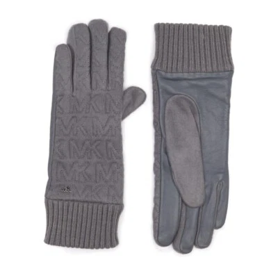 Michael Kors Logo Womens Gray Quilted Soft Knit and Leather Gloves Sz M New - Image 1 of 4