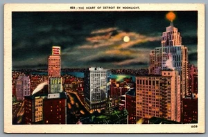 Postcard Detroit Michigan c1940s The Heart of Detroit by Moonlight Unused - Picture 1 of 2
