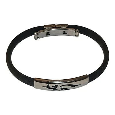 Men's Black Silicone Band Stainless Steel Abstract Cut Out Bracelet 8" - Image 1 of 4