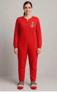 Nick & Nora rote Socken Affenfuß Einteiler Pyjama Gr. S Erwachsene Reißverschluss vorne - Bild 1 von 9