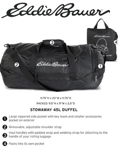 New Eddie Bauer Stowaway Packable 45L Large Duffle Bag Black Onyx NWT Sealed - Picture 1 of 3