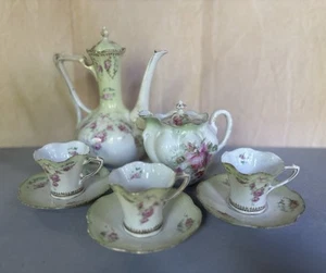 R.S. Prussia China Floral Coffee Pot Set Three Cups Saucers & Creamer Marked - Picture 1 of 24