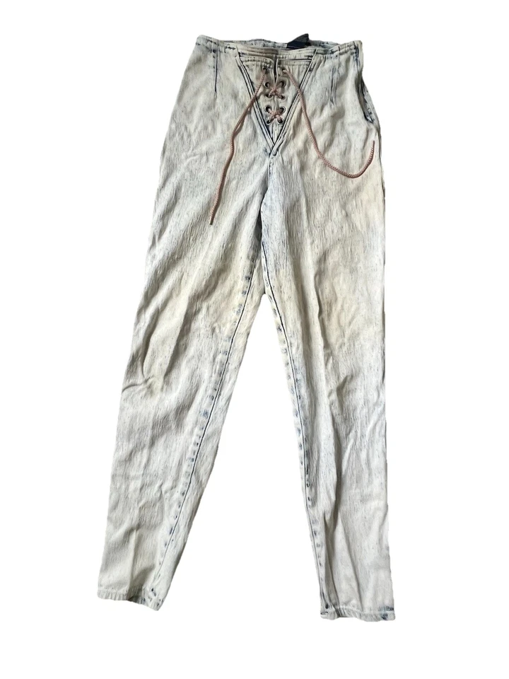 Jeans feminino anos 90 anos 80 vintage L.A. azul lavado com ácido zíper com cadarço RARO tamanho 8 - Imagem 1 de 4