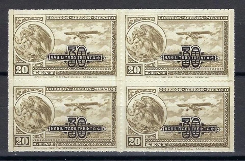 Mexico 1932 Sc# C49 Airmail 30c on 20c Eagle Plane Airplane block 4 MNH Cover