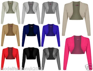 LADIES LONG SLEEVE PLAIN BOLERO SHRUG CROPPED VISCOSE JERSEY TOP WOMEN UK 8 - 22 - Picture 1 of 4