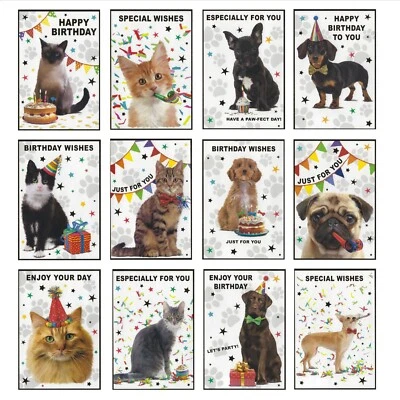 Упаковка из 12 открытки на день рождения-кошки и собаки мльтиупаковкой различных разных дизайнов карты - Изображение 1 из 4