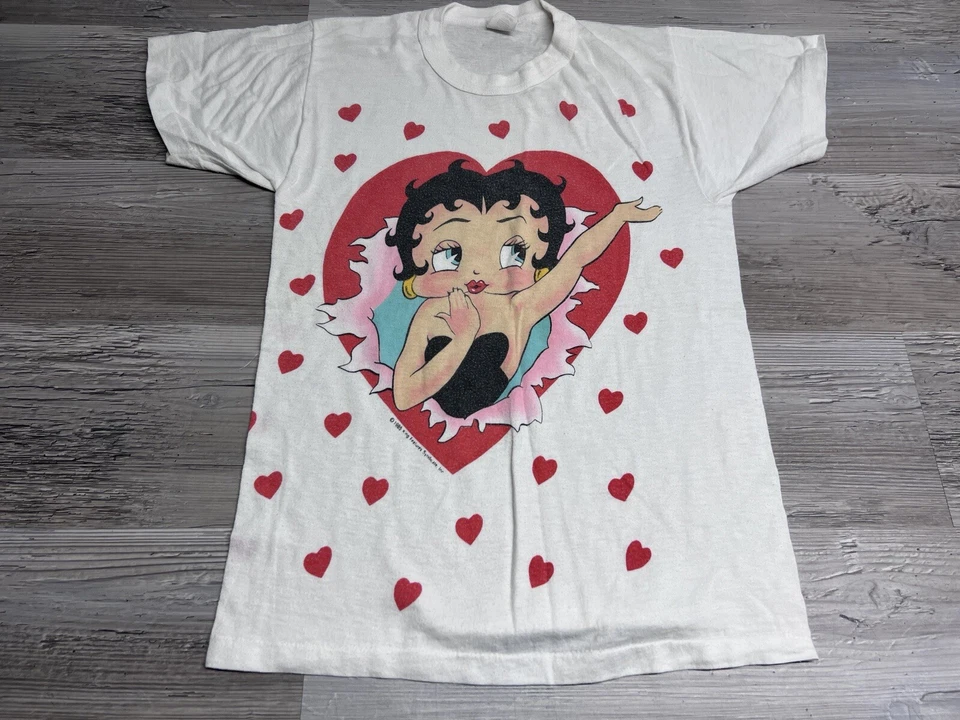 Vintage 80s Betty Boop T-Shirt Perfect Fade All Over Hearts Size S Made in USA - Image 1 of 4
