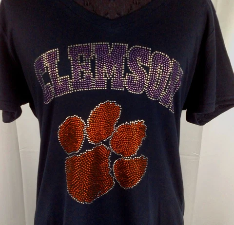 Women's Clemson Tigers  Rhinestone Football V-neck T-Shirt Tee Bling Lady Cover
