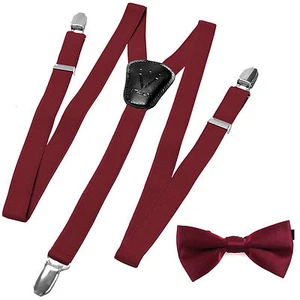 New Kid's Boy's Y back uspender adjustable strap clip on & bowtie Burgundy party - Picture 1 of 3