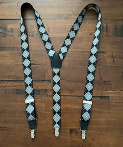 Argyle Dressy Clip-End Elastic Suspenders Black & Gray Adjustable - Picture 1 of 3