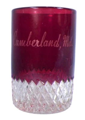Ruby Stain Tumbler Cumberland MD Souvenir EAPG Flat Diamond Base Clear - Image 1 of 4