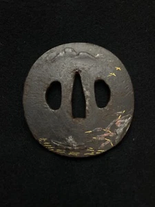 Japanischer antiker Samurai TSUBA Katana Gold Inlay Eisen Schwert Griff Edo (b747) - Bild 1 von 9